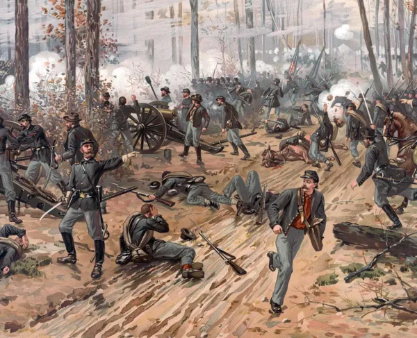 Color chromolithograph by Thure de Thulstrup depicting Union and Confederate soldiers engaged in close combat during the Battle of Shiloh in April 1862.