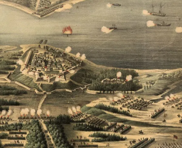 A bird’s-eye view of Union siege operations around Yorktown, Virginia, in April 1862.
