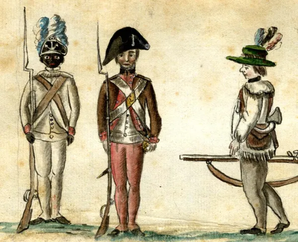 Watercolor depicting a Black soldier of the 1st Rhode Island Regiment, a New England militiaman, a frontier rifleman, and a French officer during the Siege of Yorktown.