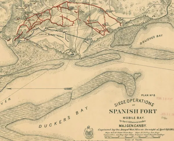 Detailed 1866 military map showing Union siege lines, artillery positions, Confederate fortifications, roads and terrain surrounding Spanish Fort on Mobile Bay, Alabama.