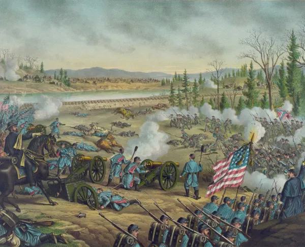 Color lithograph by Kurz & Allison depicting Union and Confederate troops engaged in intense fighting during the Battle of Stones River near Murfreesboro, Tennessee.