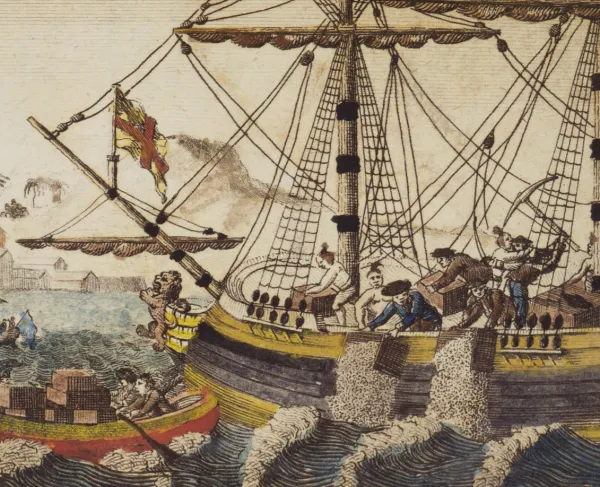 Engraving depicting participants in the Boston Tea Party throwing East India Company tea into Boston Harbor on Dec. 16, 1773.