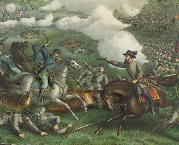 Color lithograph depicting Union and Confederate troops engaged in intense fighting during the Third Battle of Winchester, Virginia, on Sept. 19, 1864.