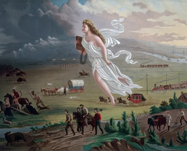 Print shows an allegorical female figure of America leading pioneers westward, as they travel on foot, in a stagecoach, conestoga wagon, and by railroads, where they encounter Native Americans and herds of bison.