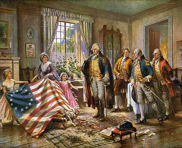 Image depicting the creation of the first American flag by Betsy Ross.