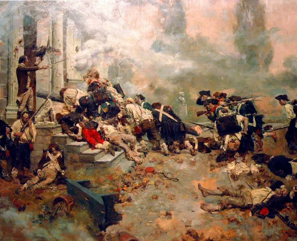 Painting depicting Continental soldiers assaulting the fortified Chew House during the Battle of Germantown.