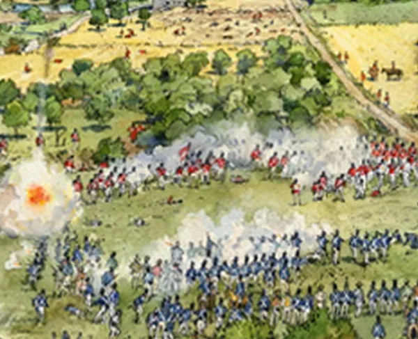 Painting of adversary armies charging towards each other at Bladensburg