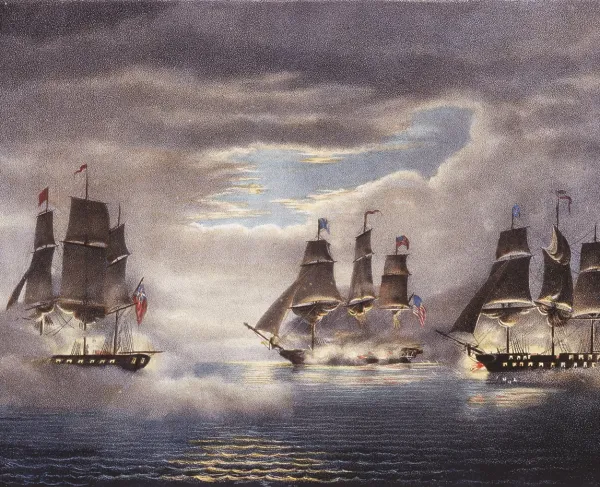 Painting of 3 larges ships on the water. All of them are smoking and seem to be engaged in battle.