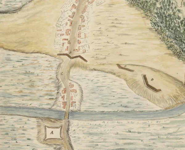 A View of the Great Bridge near Norfolk in Virginia, by Francis Rawdon-Hastings, 1775.