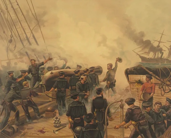 This is a painting depicting the conflict of the USS Kearsarge vs. CSS Alabama. 