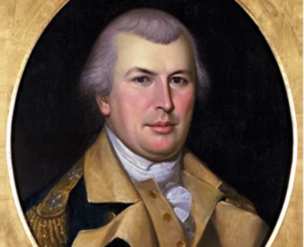 Portrait of a man in an oval frame wearing a blue uniform coat of the Continental Army with buff lapels and epaulets on his shoulders. 