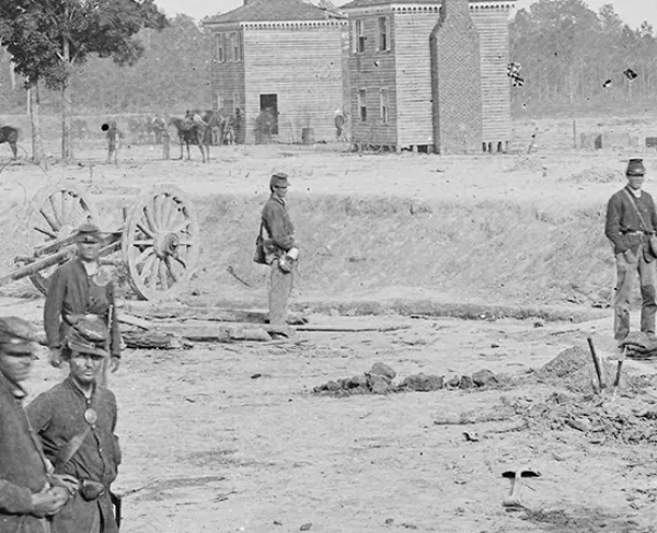 This image depicts several soldiers stationed on the Seven Pines Battlefield.