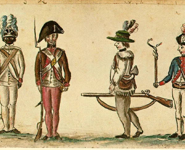 The watercolor, which appears in the journal, shows the variety of soldiers fighting for American independence, depicting, from left to right, a black soldier of the First Rhode Island Regiment, a New England militiaman, a frontier rifleman, and a French officer.