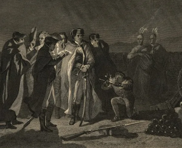 A general and his soldiers discussing plans. 