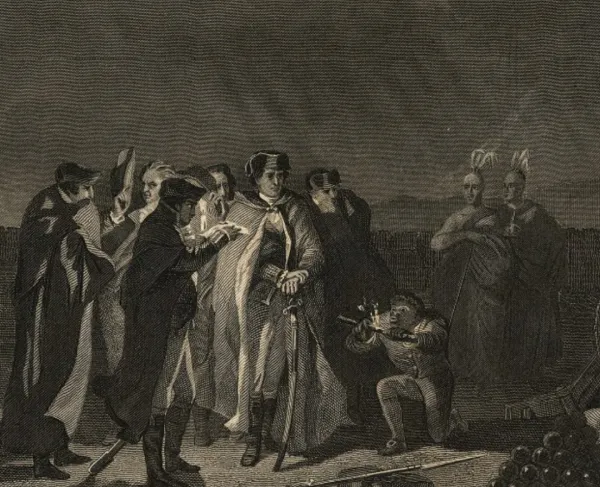 A general and his soldiers discussing plans. 