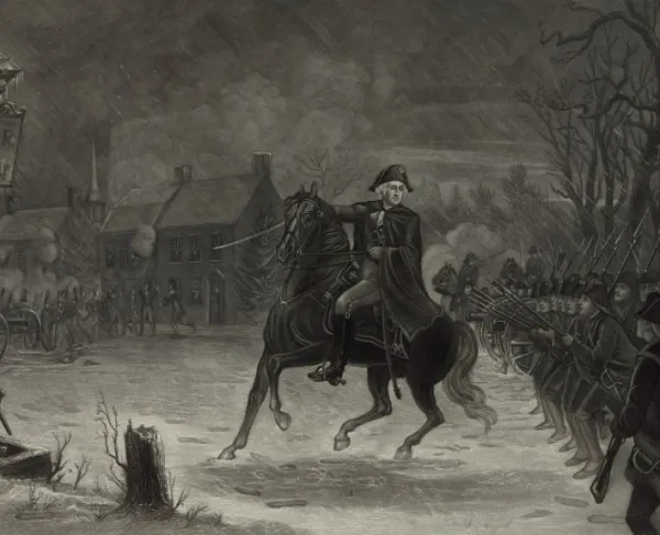 George Washington on horseback leading Continental forces during the Battle of Trenton.