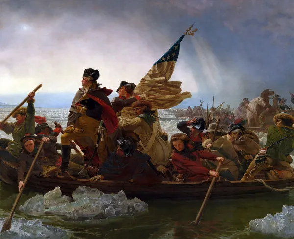 “Washington Crossing the Delaware” painted by German artist Emanuel Leutze in 1851. James Monroe is depicted holding the United States flag.