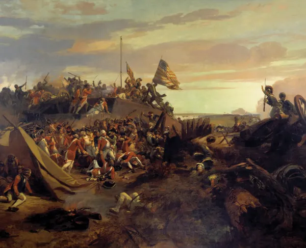 Troops led by the Marquis de Lafayette and Alexander Hamilton storm British Redoubt No. 10 during the Battle of Yorktown