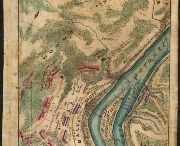 Hand-drawn map of the Battle of Ball's Bluff depicting Union and Confederate troop positions along the Potomac River in Virginia and Maryland.