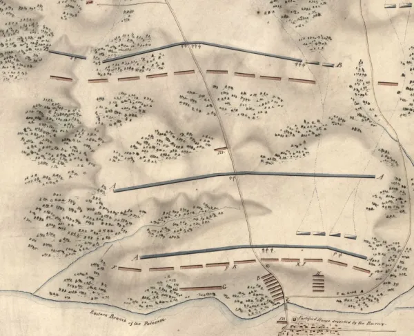 Hand-drawn military map showing troop positions and movements during the Battle of Bladensburg, Maryland, on August 24, 1814.