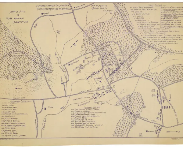 Battlefield map of Cedar Mountain showing Union and Confederate troop positions during the August 9, 1862, engagement in Culpeper County, Virginia.