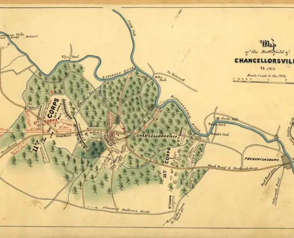 Hand-drawn battlefield map depicting troop positions, movements, roads, railroads, and terrain features at Chancellorsville, Virginia.