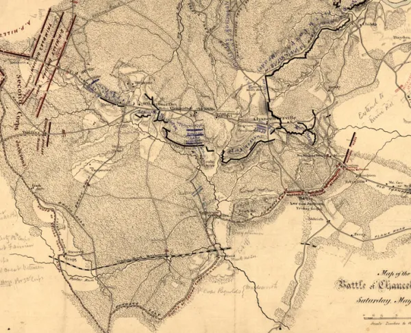 Hand-drawn battlefield map depicting troop positions, brigade locations, and terrain features during the Battle of Chancellorsville on May 2, 1863.