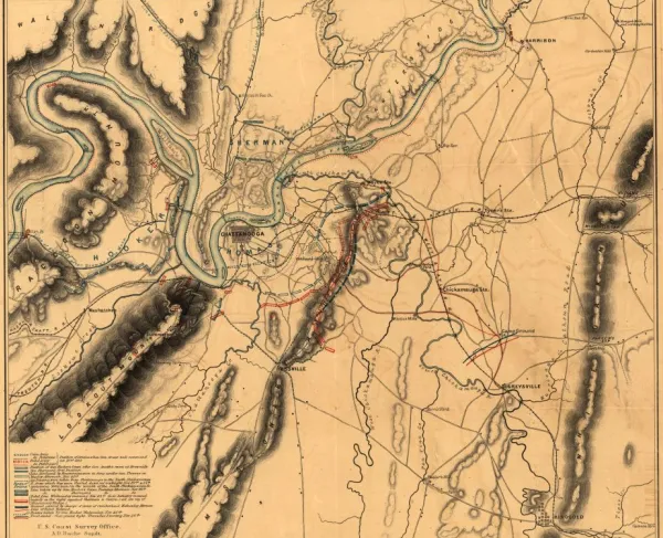Civil War battlefield map depicting troop positions and movements during the Battles of Chattanooga in Tennessee.