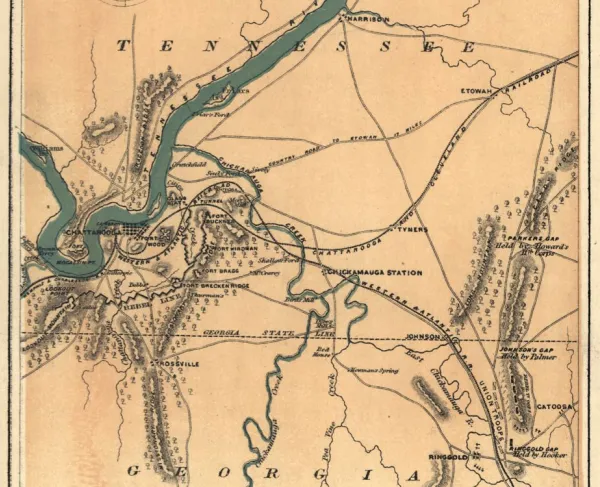 Topographical map of Chattanooga, Tennessee, and the surrounding region depicting the terrain associated with the Battles of Chickamauga and Ringgold.