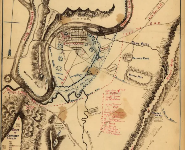Hand-drawn military map of Chattanooga, Tennessee, depicting fortifications, picket lines, rifle pits, roads, railroads, and terrain features during the Civil War.