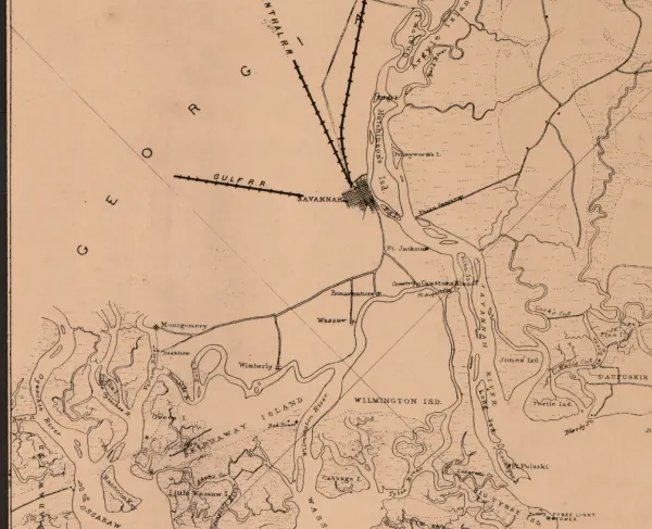 Civil War-era map of the South Carolina and Georgia coastline depicting forts, railroads, roads, towns, and locations captured by Union forces.