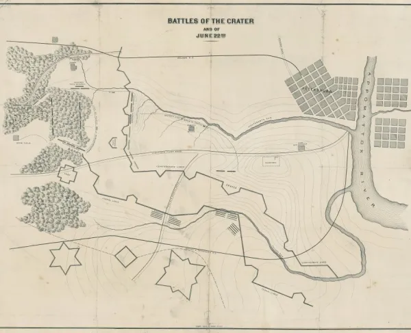 Civil War battlefield map depicting Union and Confederate lines and fortifications around Petersburg, Virginia, including the Battle of the Crater.