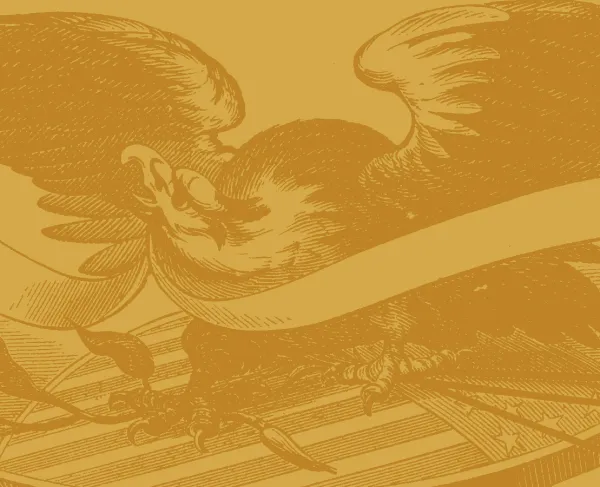 This is a sketch of an eagle with spread wings bearing a white ribbon. 