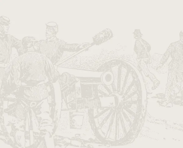 This is a sketch of a band of soldiers standing next to a cannon. 