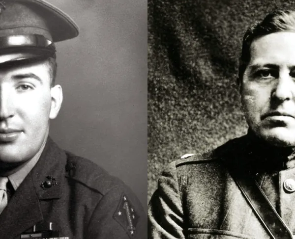 Ed Bearss in uniform as a young Marine (left); His cousin-once-removed Hiram Bearss was a Marine Corps legend (right)
