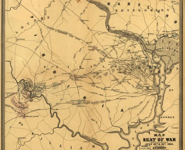 Civil War-era map of northern Virginia depicting the battlefields of Blackburn's Ford and First Bull Run (First Manassas), along with roads, waterways, and notable landmarks.