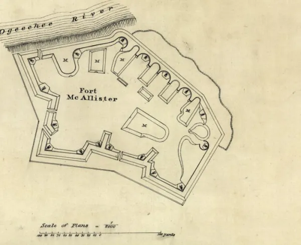 Hand-drawn manuscript map of Fort McAllister near Savannah, Georgia, depicting the Confederate fort's layout and surrounding terrain during the Civil War.