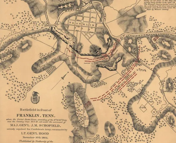 Detailed map of the Battle of Franklin showing Union and Confederate troop positions, roads, railroads, homes, fences, vegetation, and terrain on November 30, 1864.