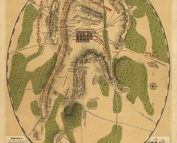 Oval-shaped battlefield map of Gettysburg depicting Union and Confederate troop and artillery positions, roads, railroads, waterways, and terrain during the three-day battle.