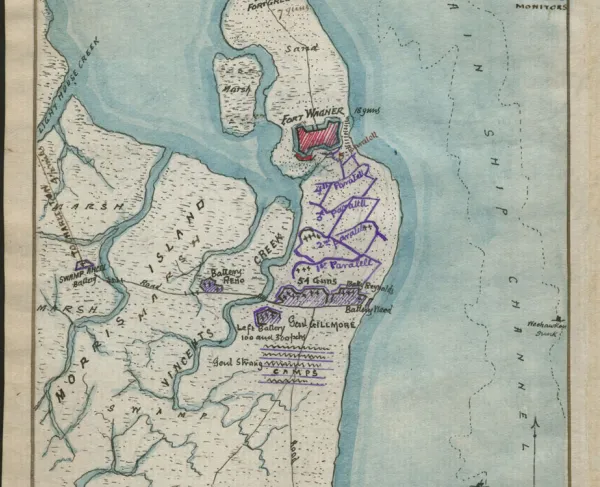 Hand-drawn map depicting Union siege works and Confederate fortifications on Morris Island during the campaign against Fort Wagner in 1863.