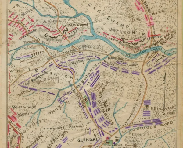 Hand-drawn battlefield map depicting Union and Confederate positions during the fighting at White Oak Swamp on June 30, 1862.