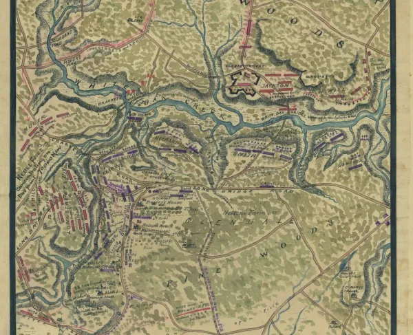 Hand-drawn battlefield map depicting Union and Confederate brigades, artillery, cavalry positions, and local landmarks during the Battle of Glendale in Virginia.