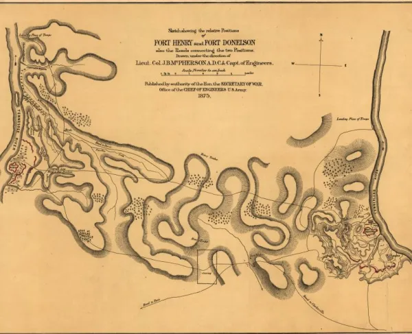 Hand-colored map depicting the relative positions of Fort Henry and Fort Donelson in Tennessee and the roads connecting them during the February 1862 campaign.