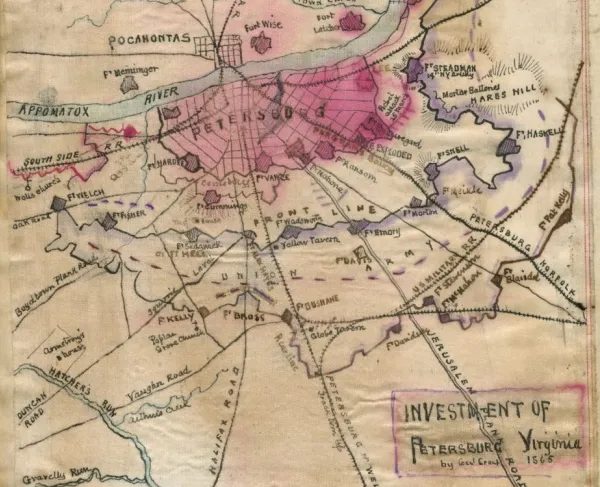 Hand-drawn map depicting Union and Confederate fortifications surrounding Petersburg, Virginia, during the 1864–1865 siege.