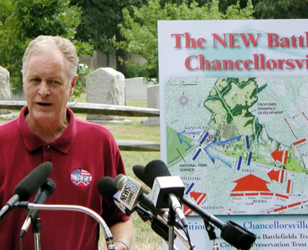 American Battlefield Trust President Jim Lighthizer speaking out against the plan that would have placed 2,000 homes and several big-box retail establishments on the May 1, 1863 Chancellorsville Battlefield.