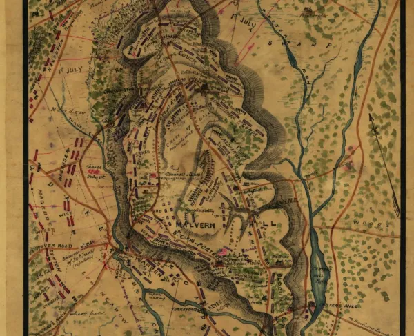 Hand-drawn battlefield map depicting Union and Confederate troop positions and artillery placements during the Battle of Malvern Hill in Virginia.