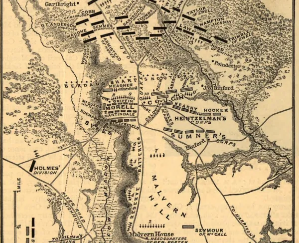 Battlefield map depicting Union and Confederate brigade and artillery positions at the Battle of Malvern Hill, Virginia.