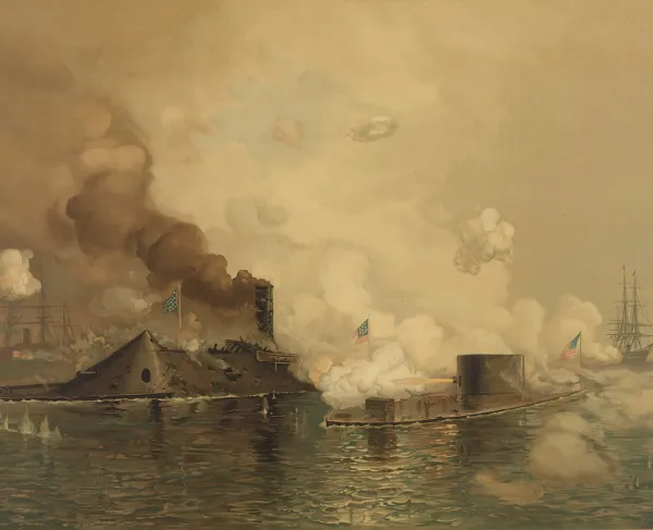Two ironclad warships, the USS Monitor and CSS Virginia (formerly USS Merrimack), exchange cannon fire during the Battle of Hampton Roads as smoke and exploding shells fill the sky above the water.