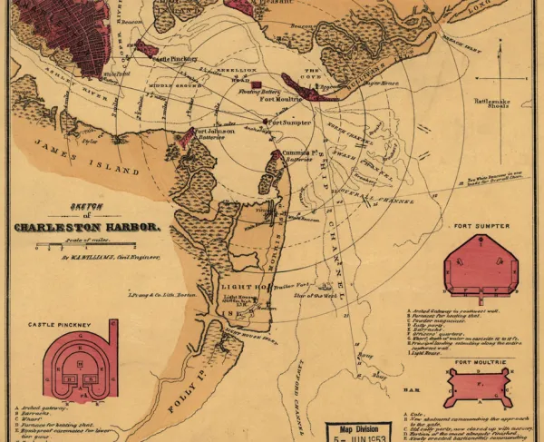 Civil War-era map of Charleston Harbor showing fortifications, the city of Charleston, and inset views of Fort Sumter, Fort Moultrie, and Castle Pinckney.