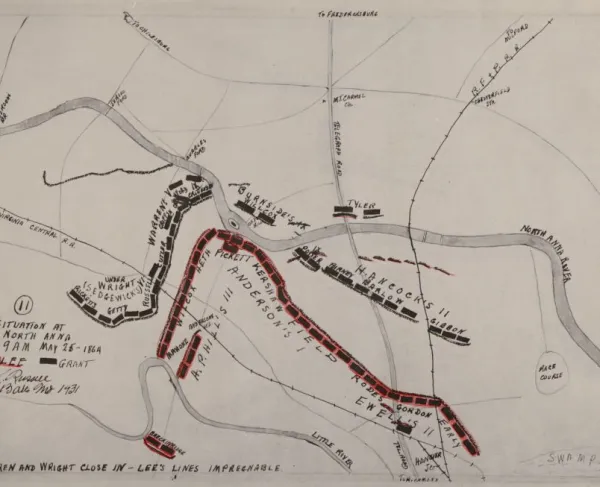 Annotated battlefield maps depicting troop movements and defensive positions during the North Anna Campaign of May 1864.